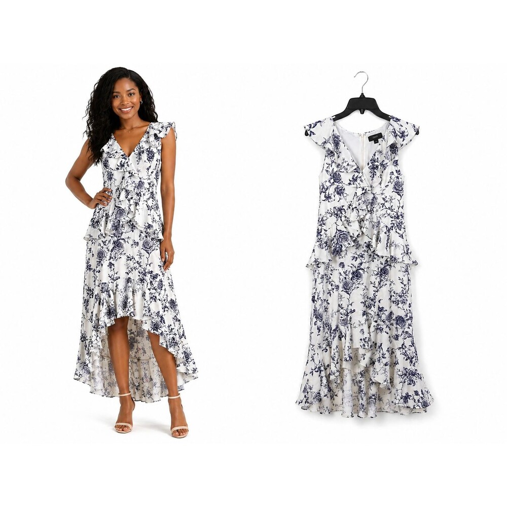 New CeCe Hi Lo Dress Size 8 White Blue Floral Tiered Ruffle Sleeveless